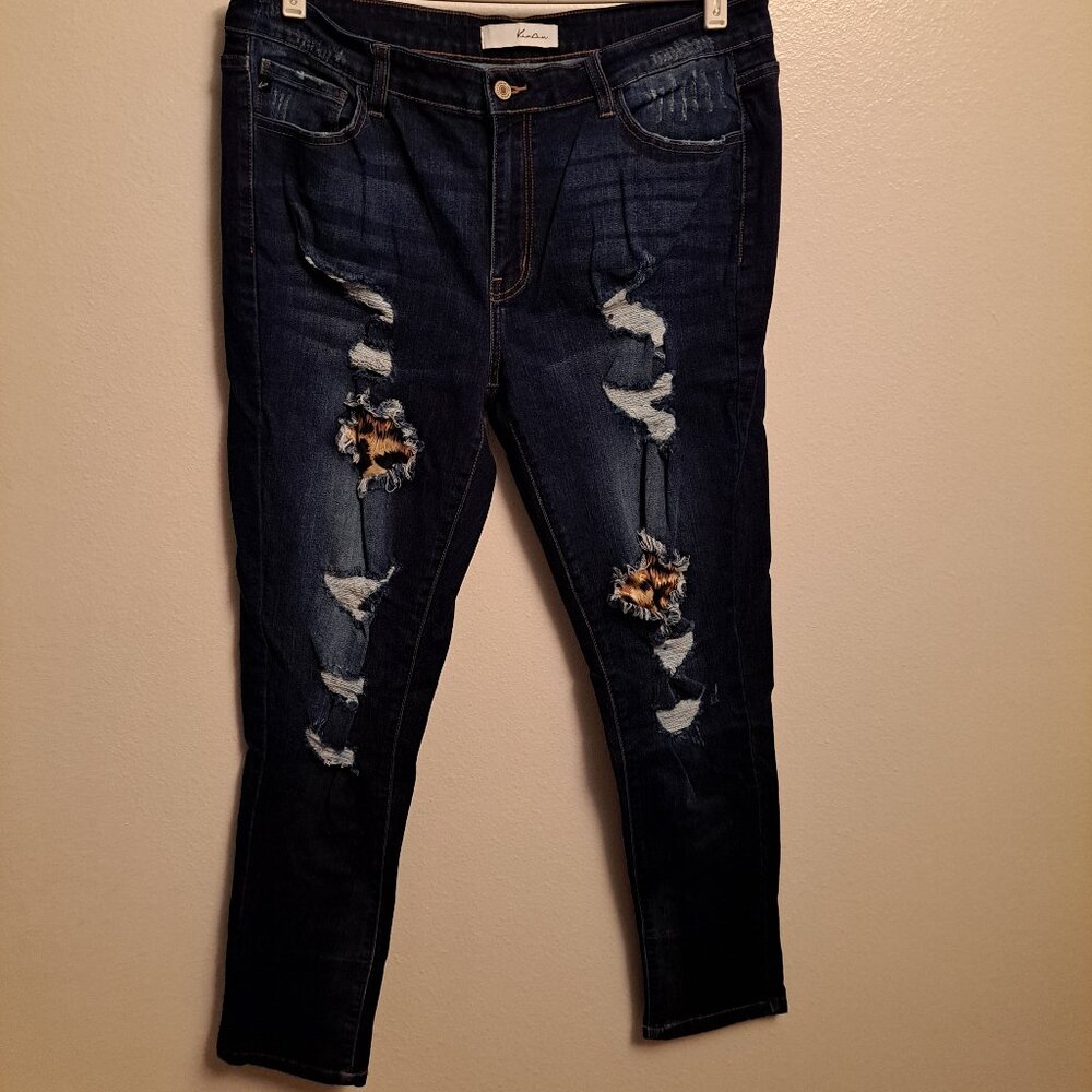 KanCan Mid Rise Distressed Leopard Print Accent Super Skinny Jeans - Picture 11 of 16